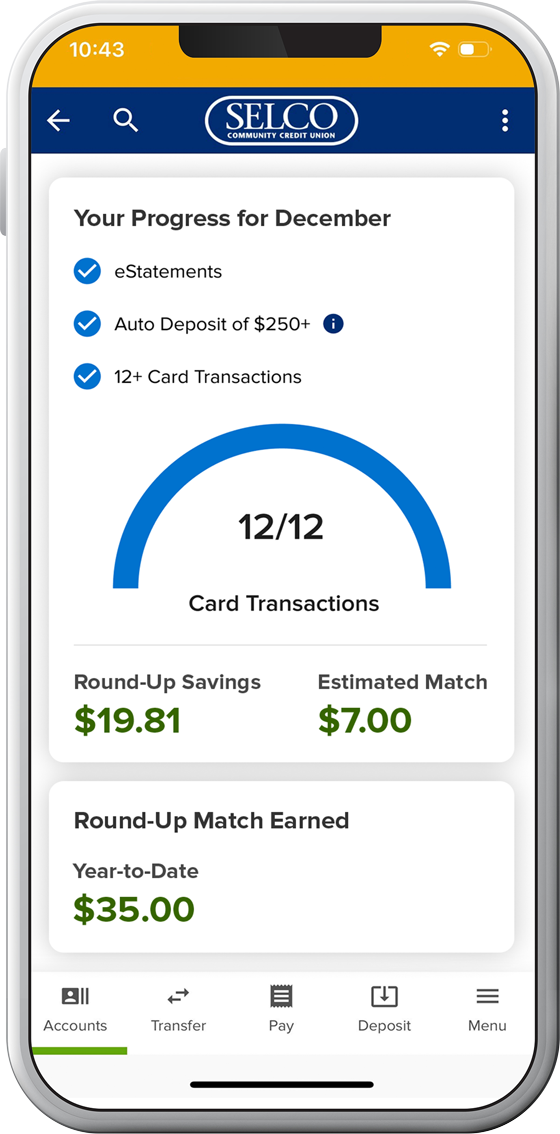 SELCO digital banking app showing the Link Checking tracker.