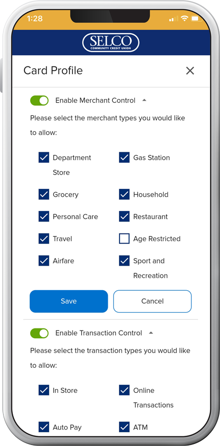 SELCO app showing card controls