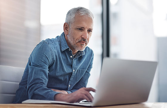 Gray-haired man sitting at computer