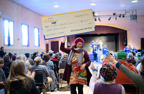 SELCO Steps Up Classroom Makeover Reveal at Eugene Waldorf School with grant presentation and community members in attendance.