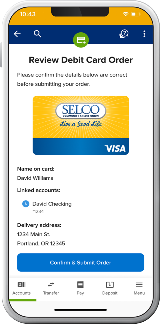 Cell phone with SELCO Review Debit Card Order on the screen.