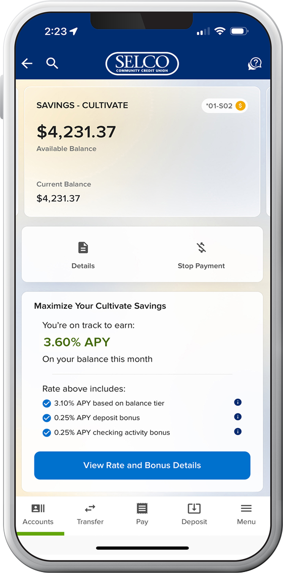 SELCO community credit union Cultivate High-Yield Savings tracker showing 3.60% APY with two .50% bonuses achieved.