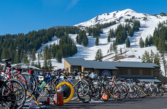Bikes lined up in front of Mount Bachelor
