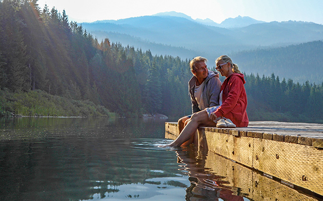 Man and woman sitting on a dock.