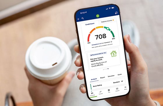 Smartphone showing a credit score dashboard in a digital banking app, illustrating tools to monitor and improve credit health.