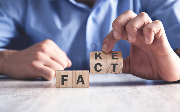 Hands holding blocks that read "fact". 