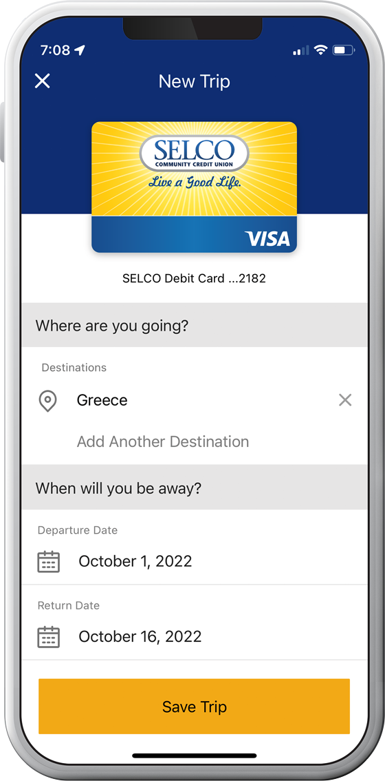 SELCO debit card management for setting travel notices