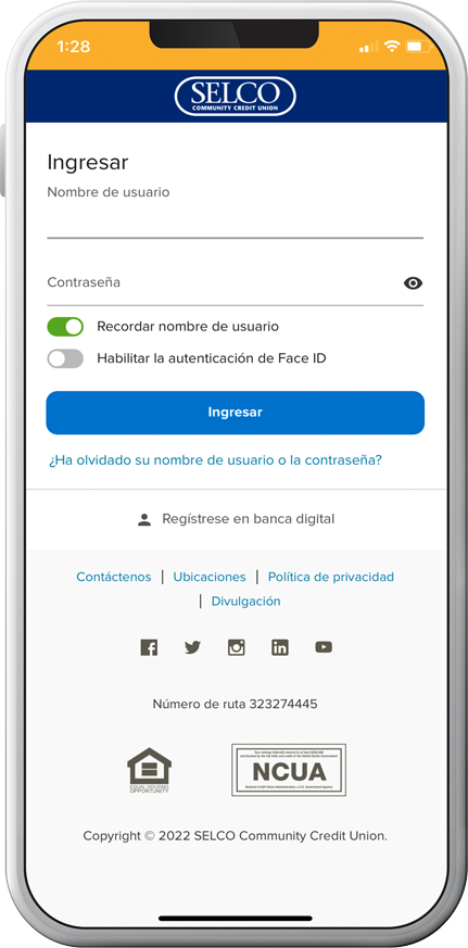 SELCO community credit union app translated in Spanish graphic