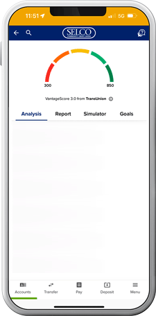 SELCO community credit union mobile app showing credit monitoring tools.