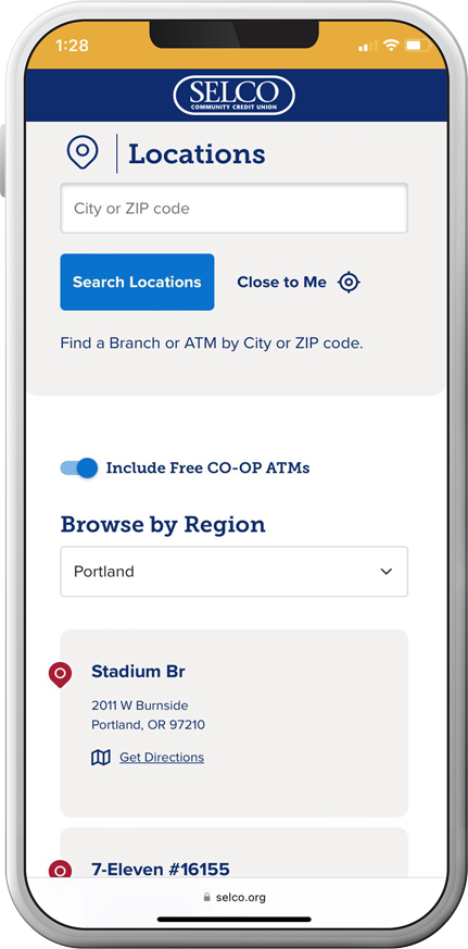 ATM locator on SELCO mobile app