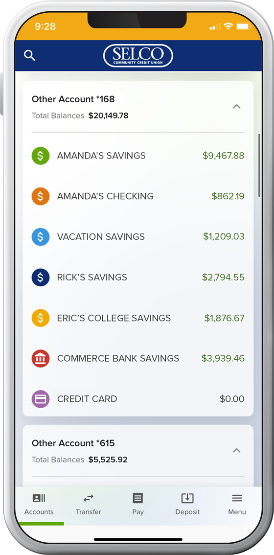 View of all accounts on digital banking app