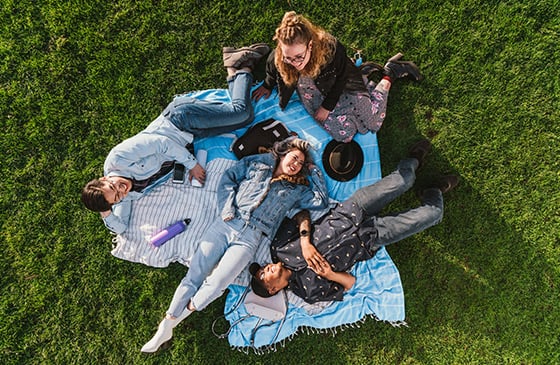 Two men and two women sitting outside on a picnic blanket. 