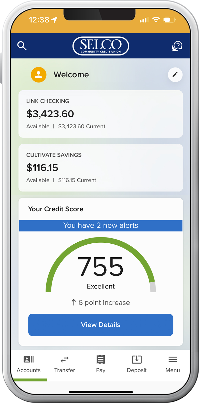 Close up of a cell phone screen with SELCO's digital banking platform
