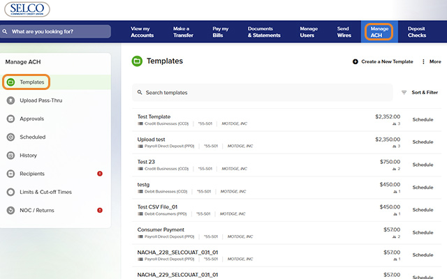 Schedule ACH Templates - Step 1