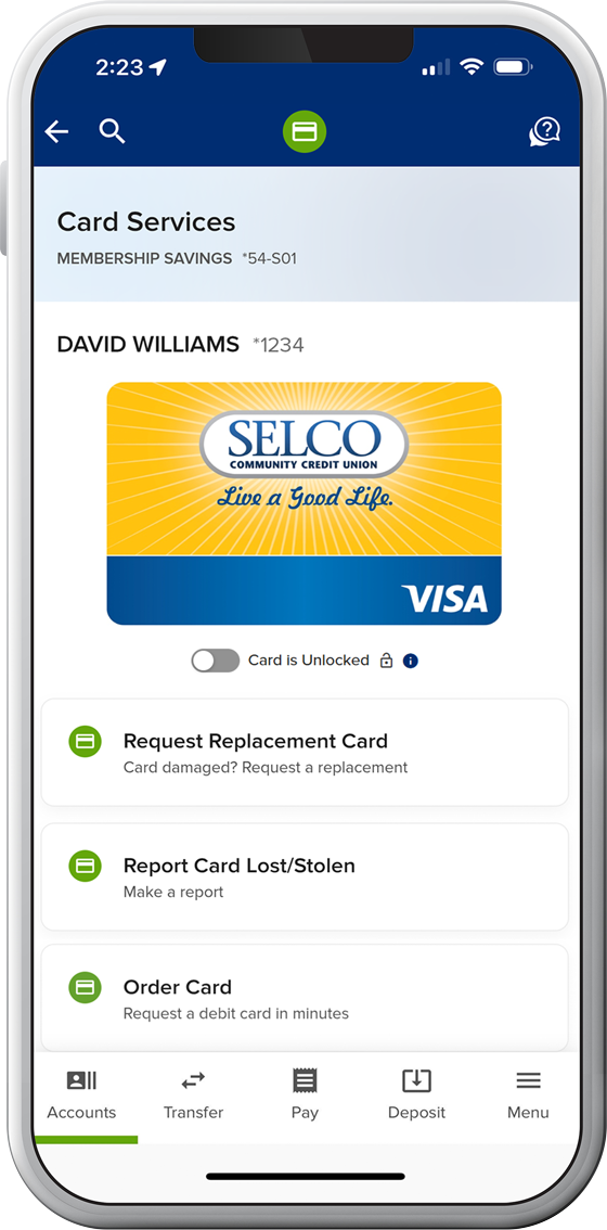 Cell phone image with SELCO app showing on the screen.